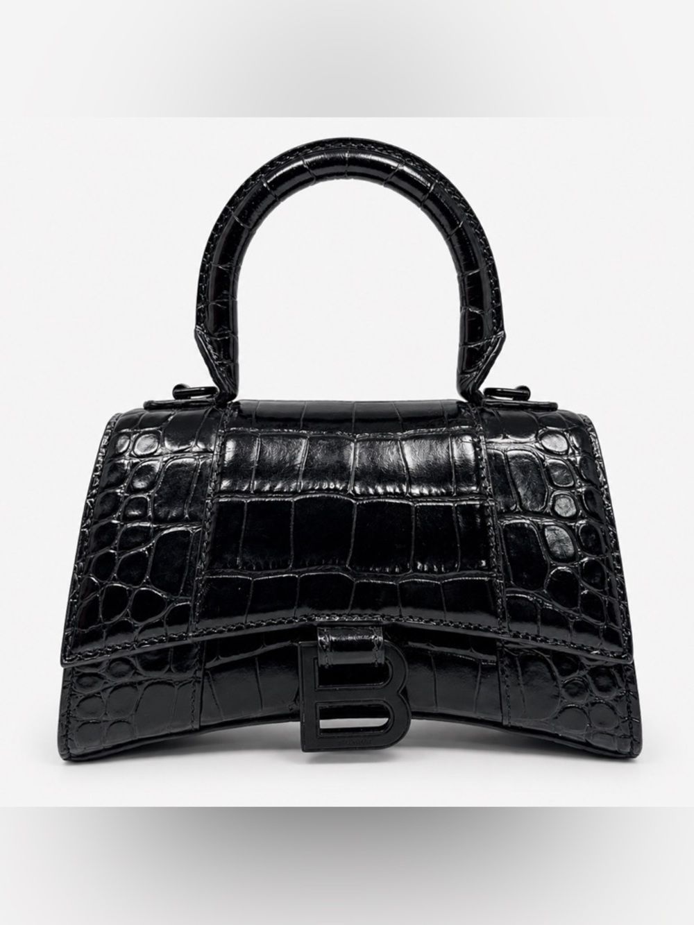 Balenciaga Hourglass Xs Croc Embossed Top Handle Bag Black Patent Leather Purse